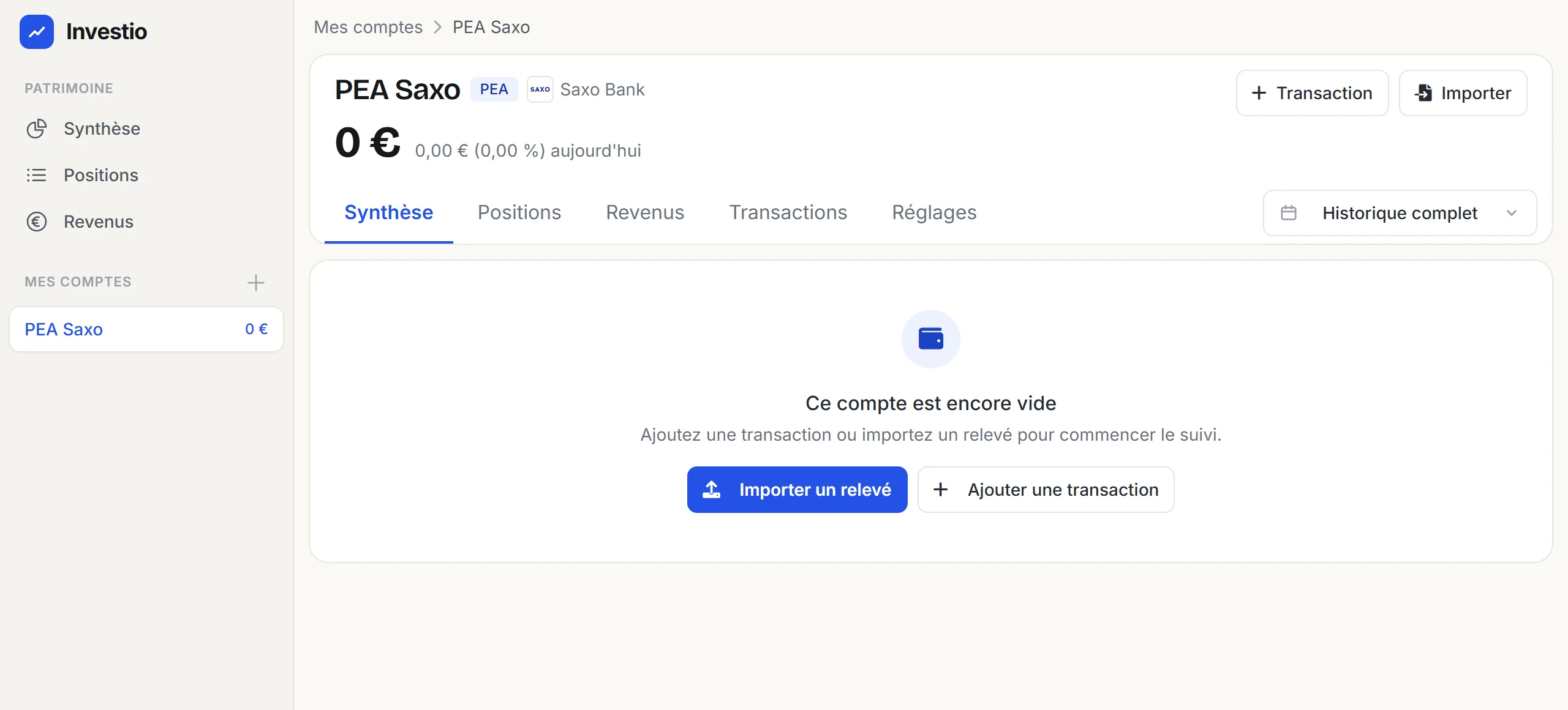Compte PEA Saxo vide, avec les boutons « Importer un relevé » et « Ajouter une transaction »
