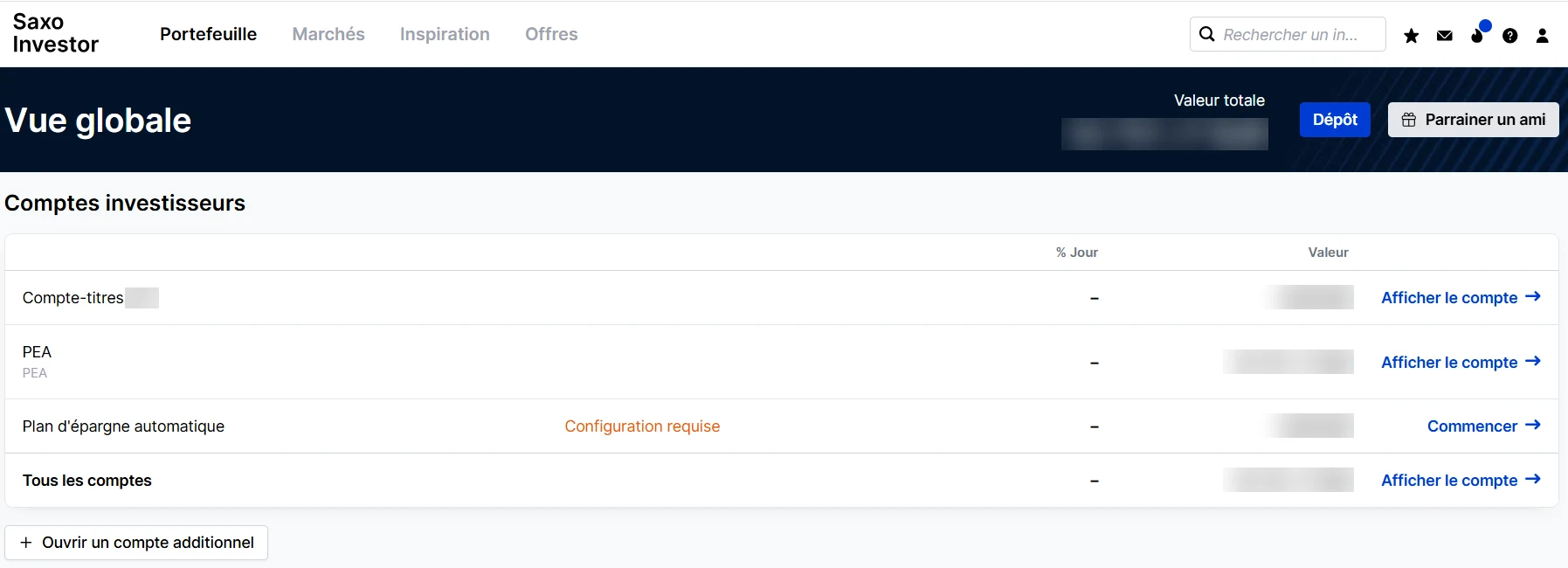 Vue globale de SaxoInvestor : liste des comptes investisseurs, avec le lien « Afficher le compte » à la ligne du PEA