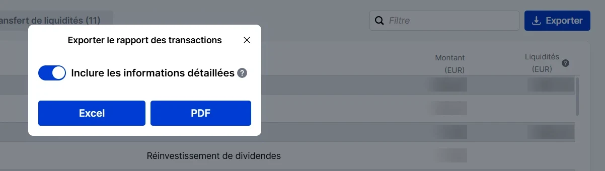 Fenêtre « Exporter le rapport des transactions » : option « Inclure les informations détaillées » activée, boutons Excel et PDF
